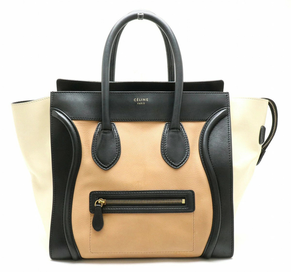 Celine Luggage Tote Shopper Tote Bag Handbag Leather Calf Black White Brown